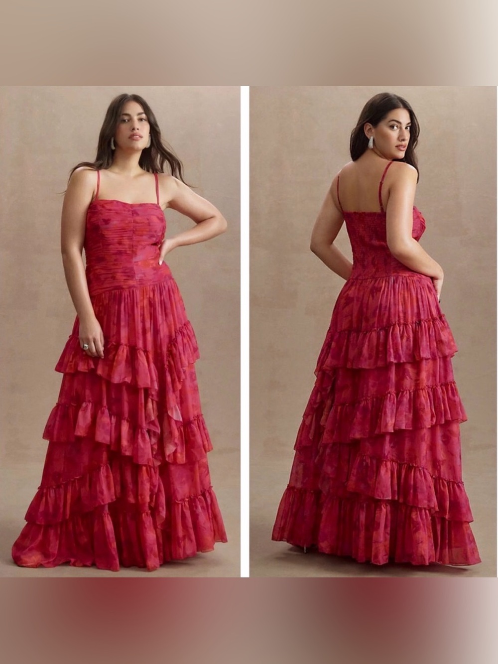 Anthropologie BHLDN Thalia Printed Ruched Square Neck Ruffle Chiffon Gown Pink